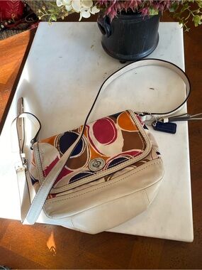 Coach Multicolor Circle Print Leather Crossbody Bag - Cream with hang tag.